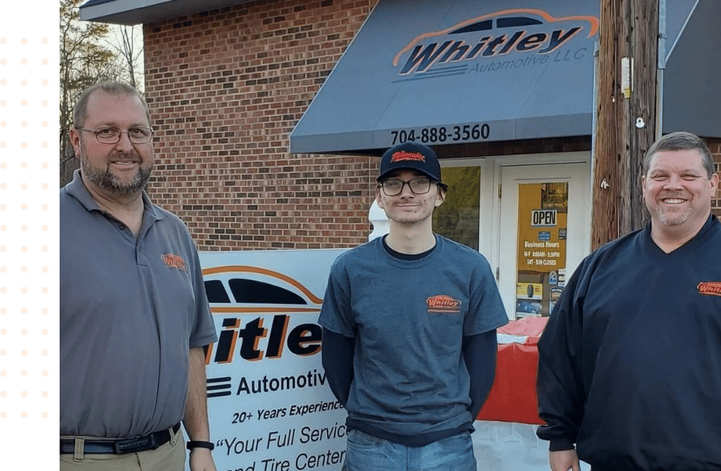 Whitley Automotive, auto repair in Marshville and Locust, NC. owner Chad, one of his auto technicians and Service Manager Gary stand outside of the Locust Ave Branch.