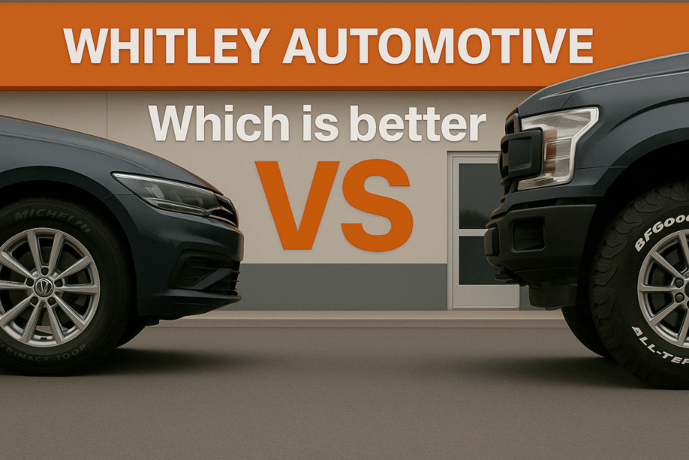 best tires, auto repair in Locust, NC at Whitley Automotive. Comparison image by Whitley Automotive showing the front ends of a Volkswagen sedan and a Ford truck facing each other with the text "Which is better VS" in between.